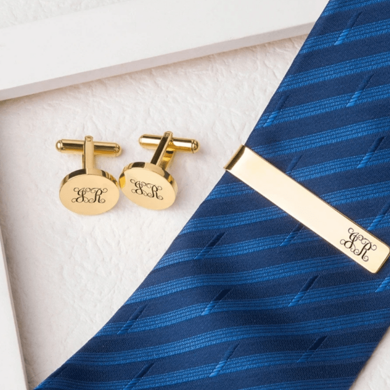 Personalized Cufflink and Tie Clip Set  Oscar Willow & Co Gold  